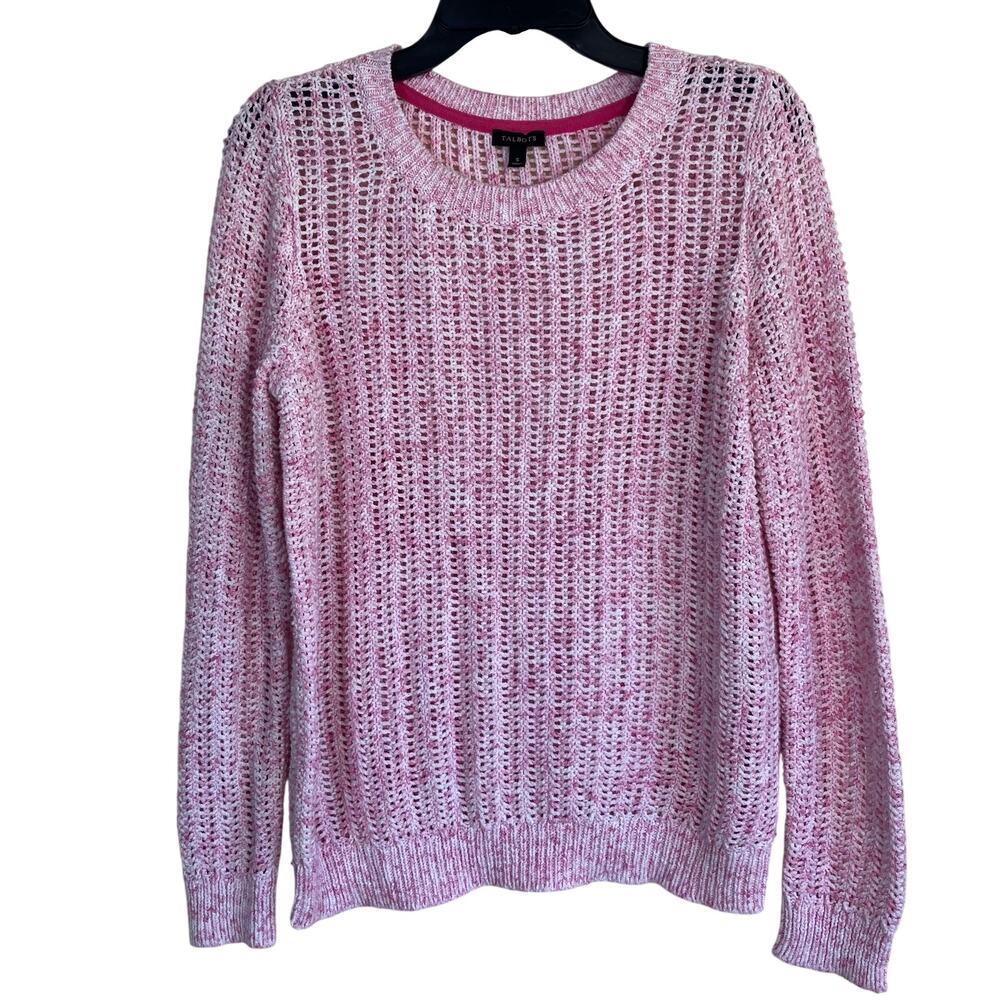 Talbots Sz S Heathered Open Stitch Crewneck Sweater Soft Pink Breathable